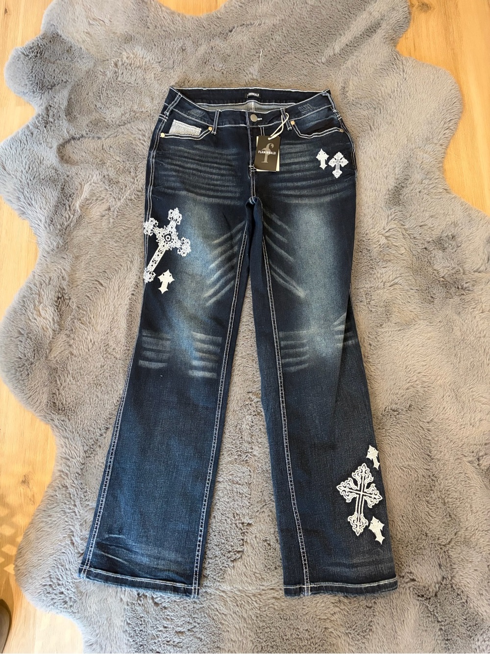 Dark Indigo Women’s Wide Leg Jeans with White Cross Embroidery